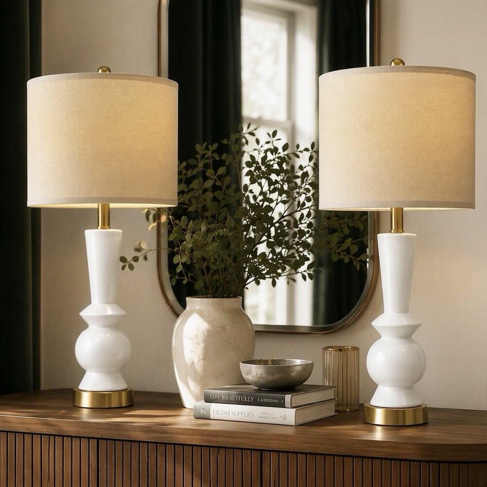 NEW Anthropologie Set of 2 White & Gold Ceramic Boho Table Lamps Lighting - 27"